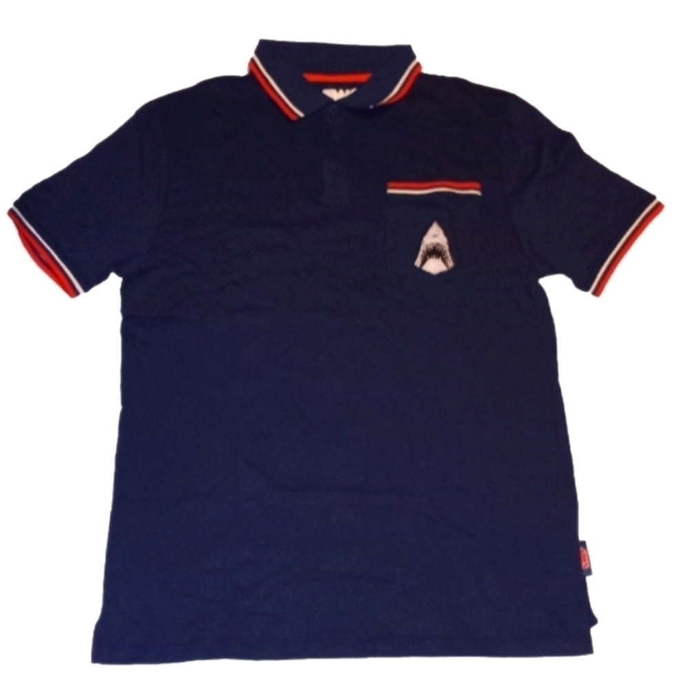 NWOT JAWS Shark Movie - Fright-Rags.com Men's Polo Shirt XL Blue & Red & White
